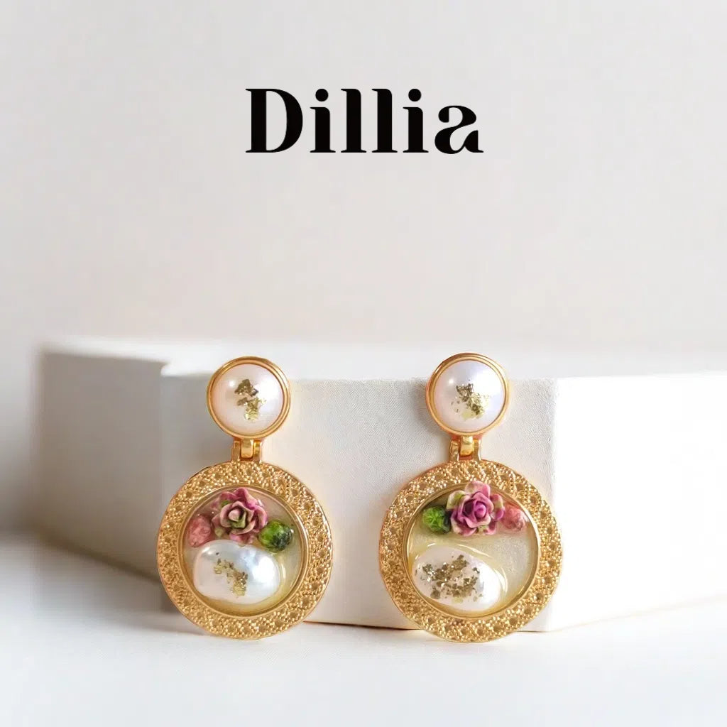 2 Flower Pearl Enamel Pendant Gold Earrings