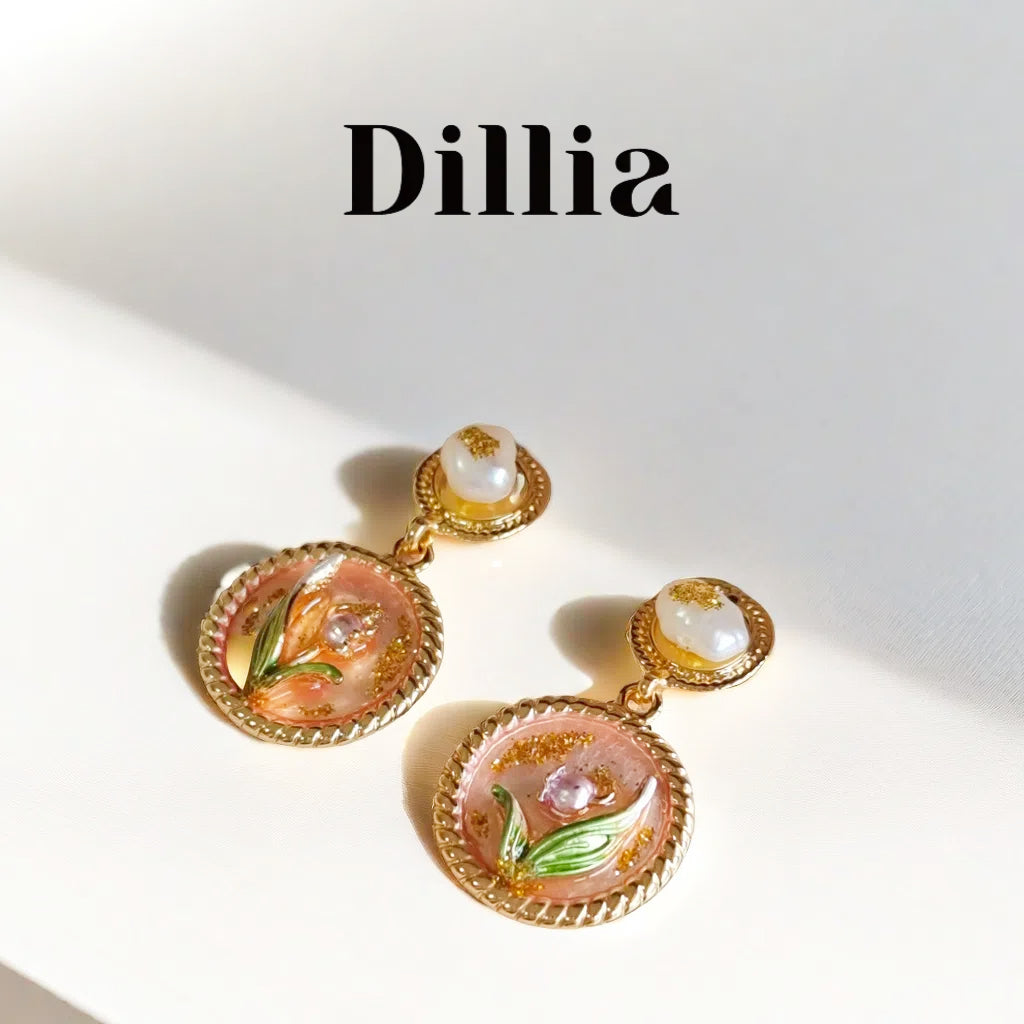 2 Flower Pearl Enamel Pendant Gold Earrings