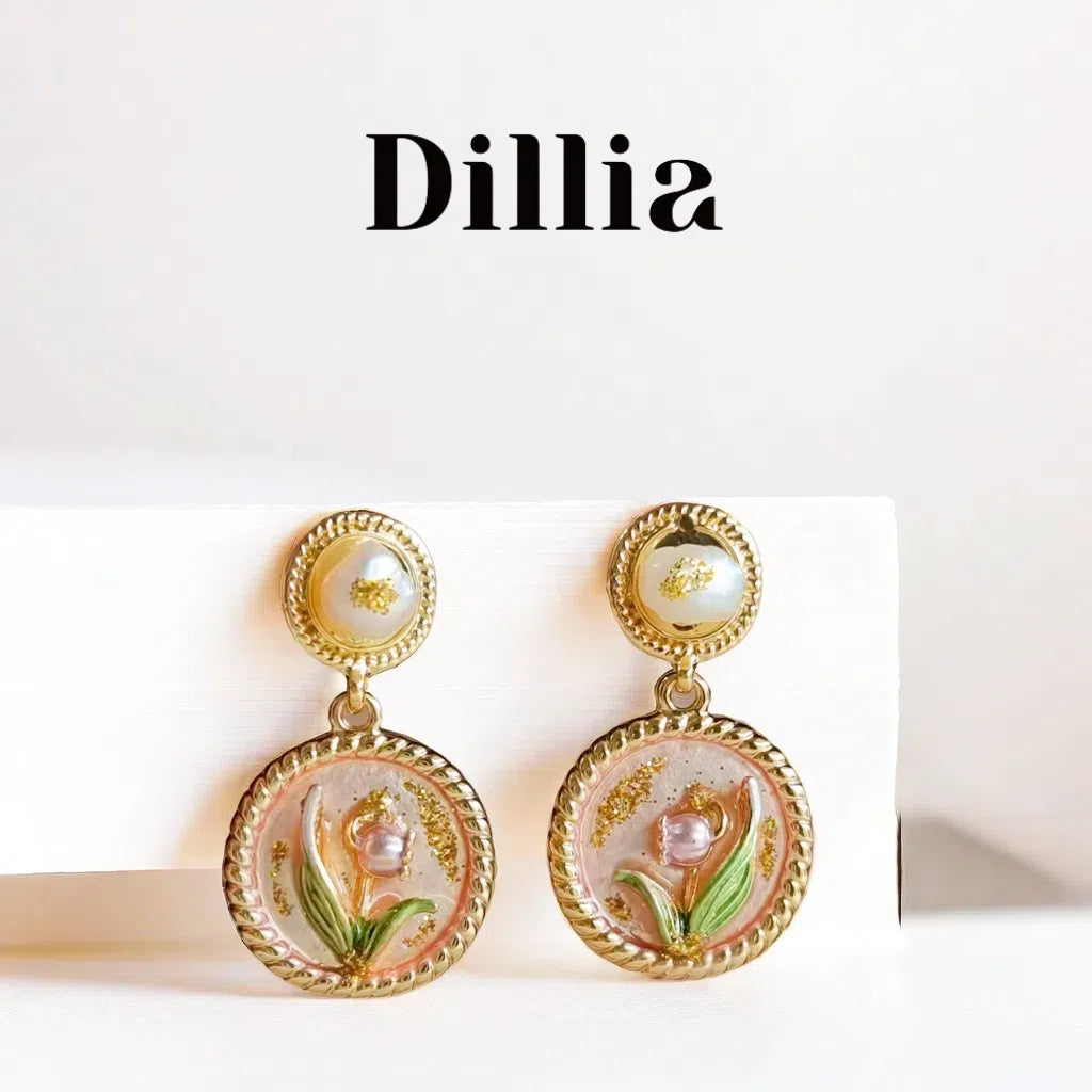 2 Flower Pearl Enamel Pendant Gold Earrings