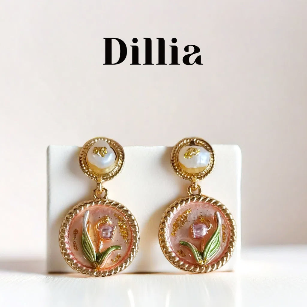 2 Flower Pearl Enamel Pendant Gold Earrings