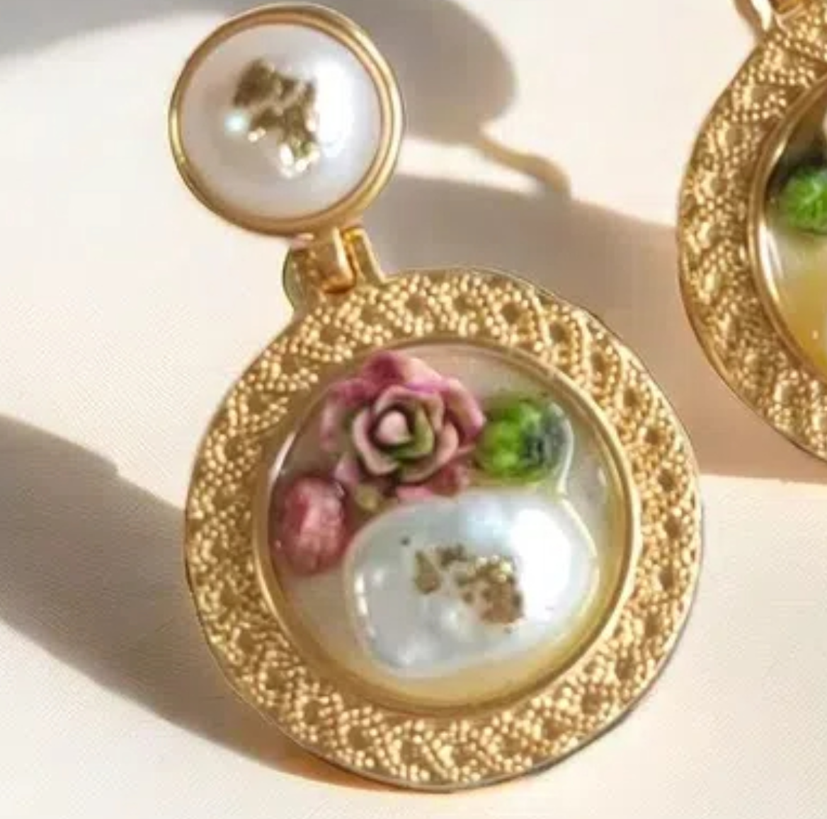 2 Flower Pearl Enamel Pendant Gold Earrings