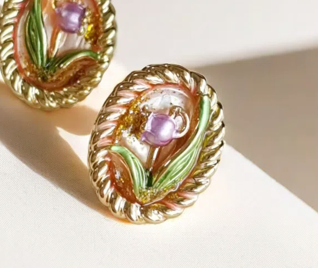 Vintage Floral Enamel Oval Earrings