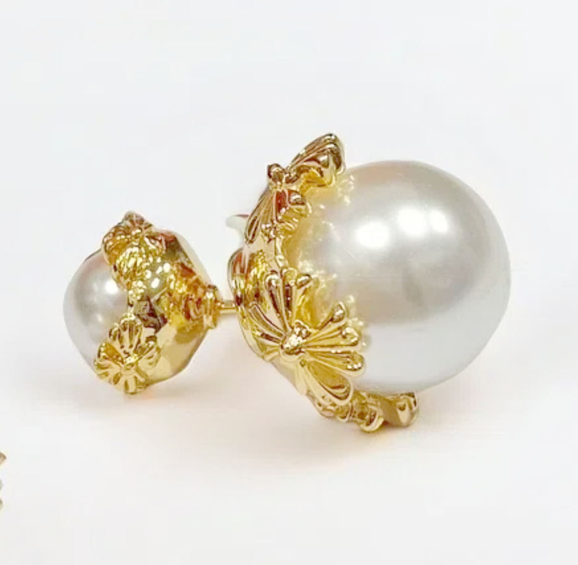 Double Pearl Golden Floral Stud Earrings