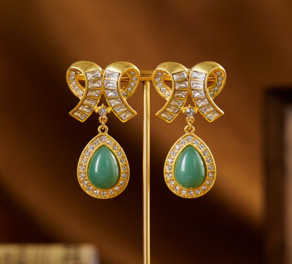 Elegant Bow Design Green Crystal Drop Earrings