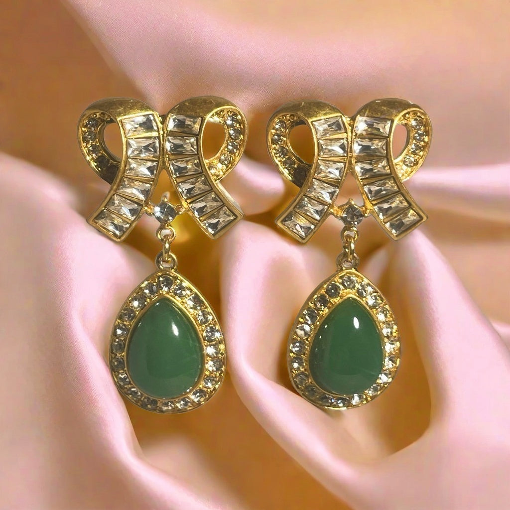 Elegant Bow Design Green Crystal Drop Earrings