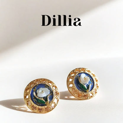 Vintage Blue Enamel Floral Hollow Stud Earrings
