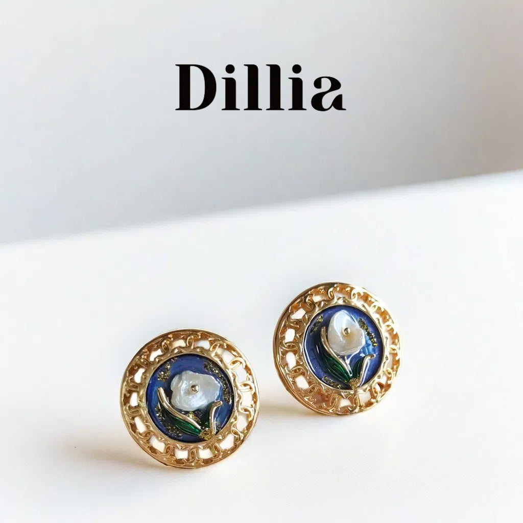 Vintage Blue Enamel Floral Hollow Stud Earrings