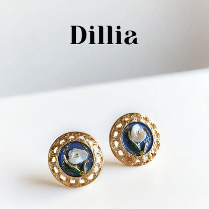 Vintage Blue Enamel Floral Hollow Stud Earrings