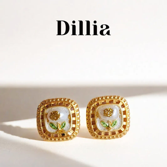 Vintage Enamel Pearl Floral Gold Earrings