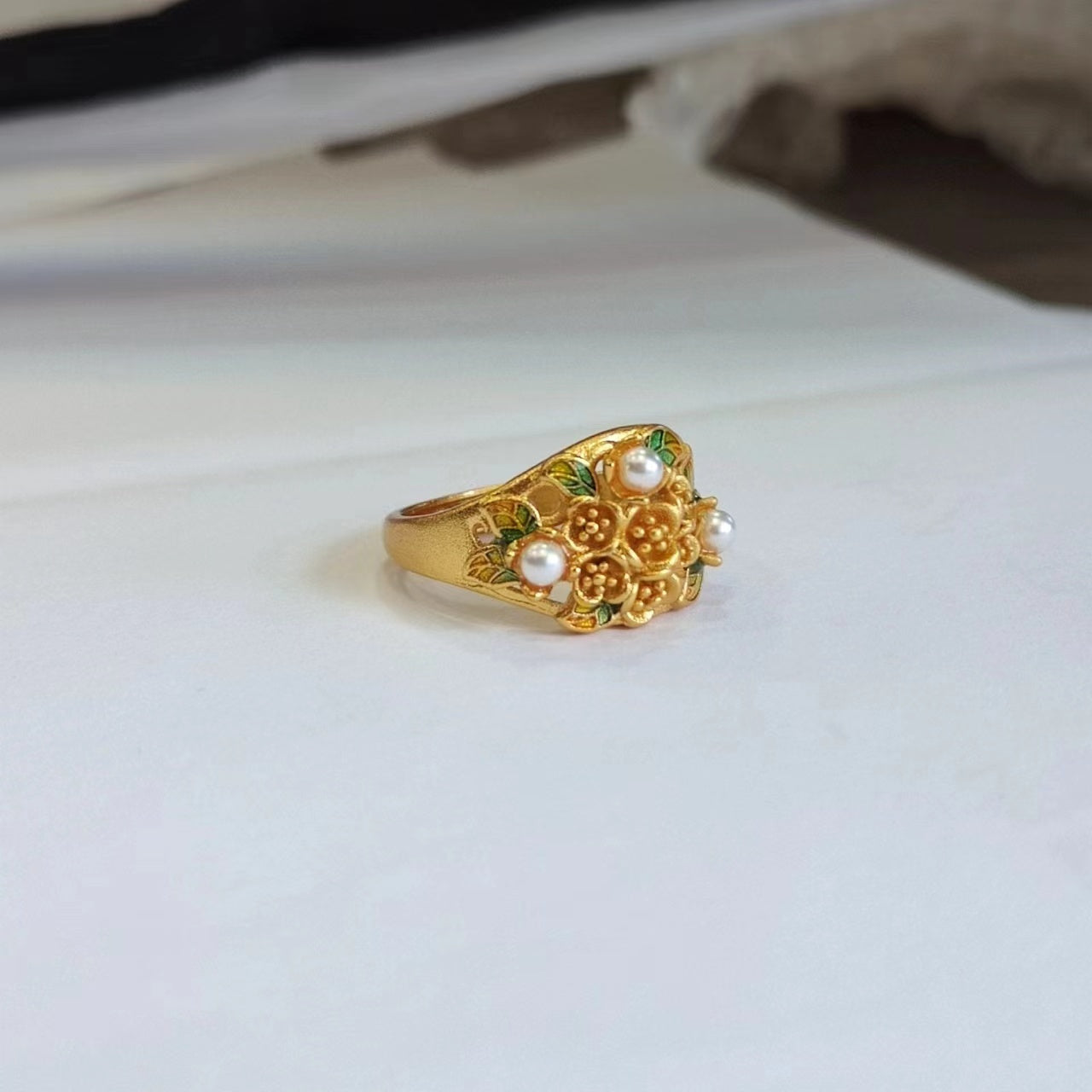 Enamel Pomegranate Flower Pearl Gold-Plated Ring