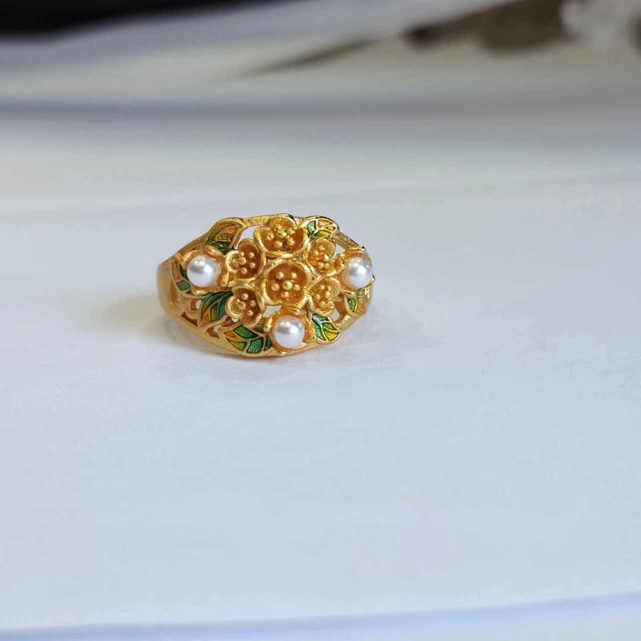 Enamel Pomegranate Flower Pearl Gold-Plated Ring