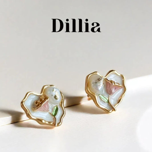 Irregular Heart-Shaped Floral Enamel Earrings