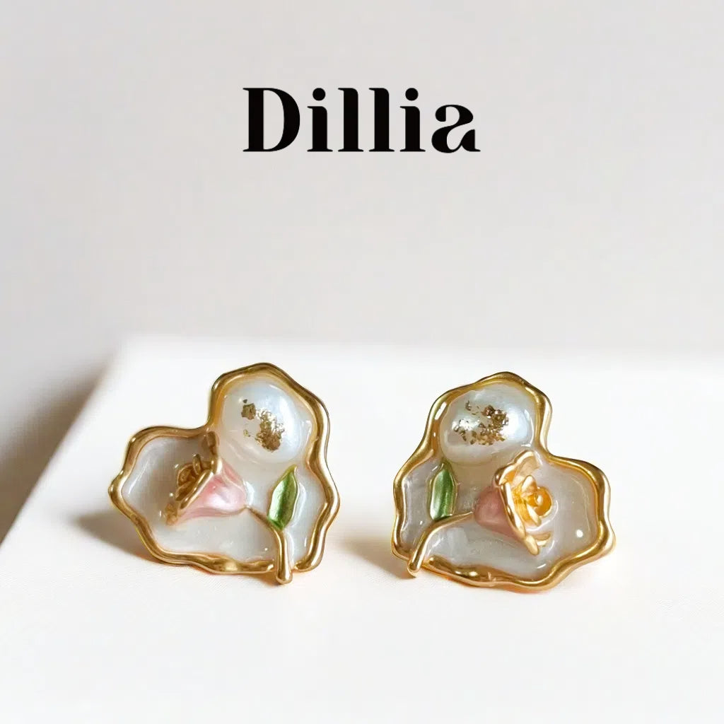 Irregular Heart-Shaped Floral Enamel Earrings