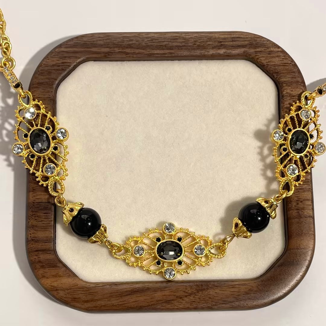 Vintage Black Ziron Hollow Gold Filigree Necklace