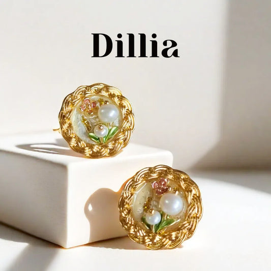 Vintage Enamel Pearl Floral Gold Earrings