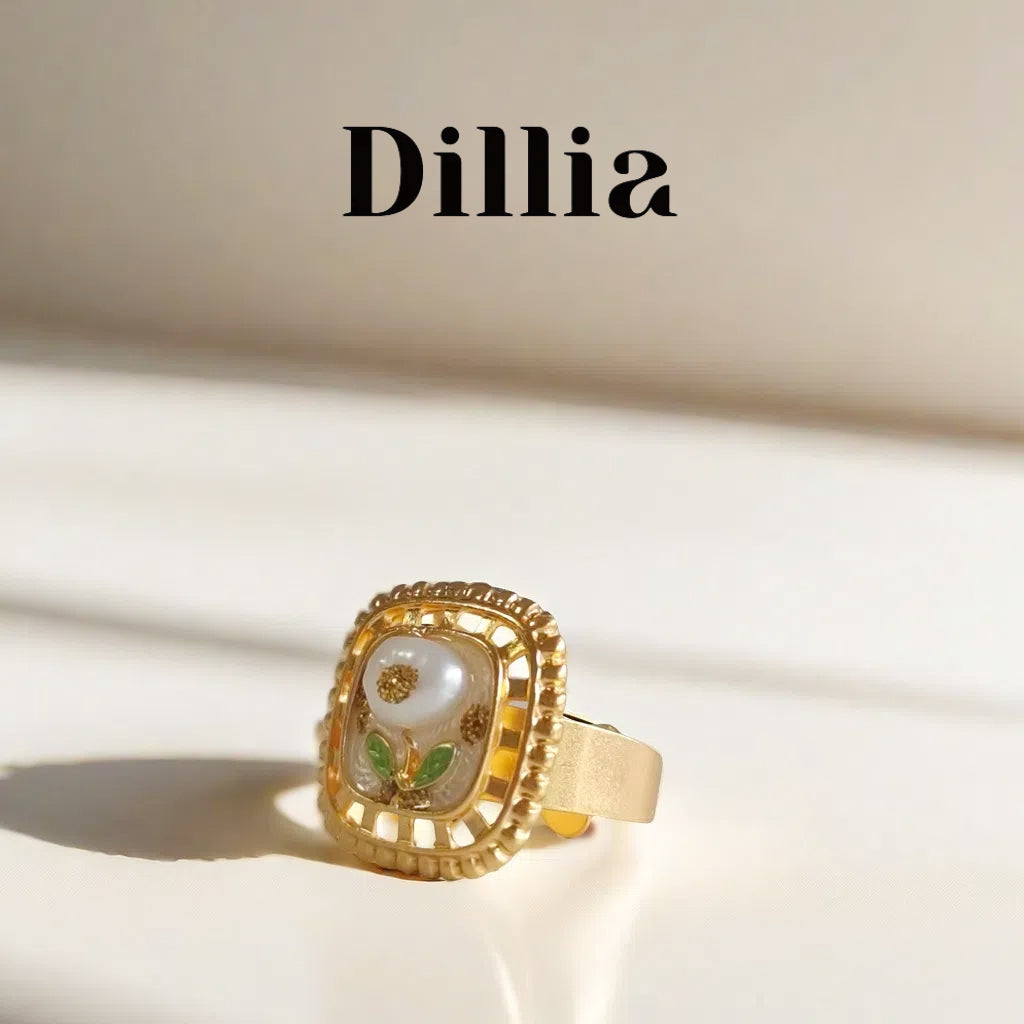 Elegant Enamel Pearl Openwork Floral Ring