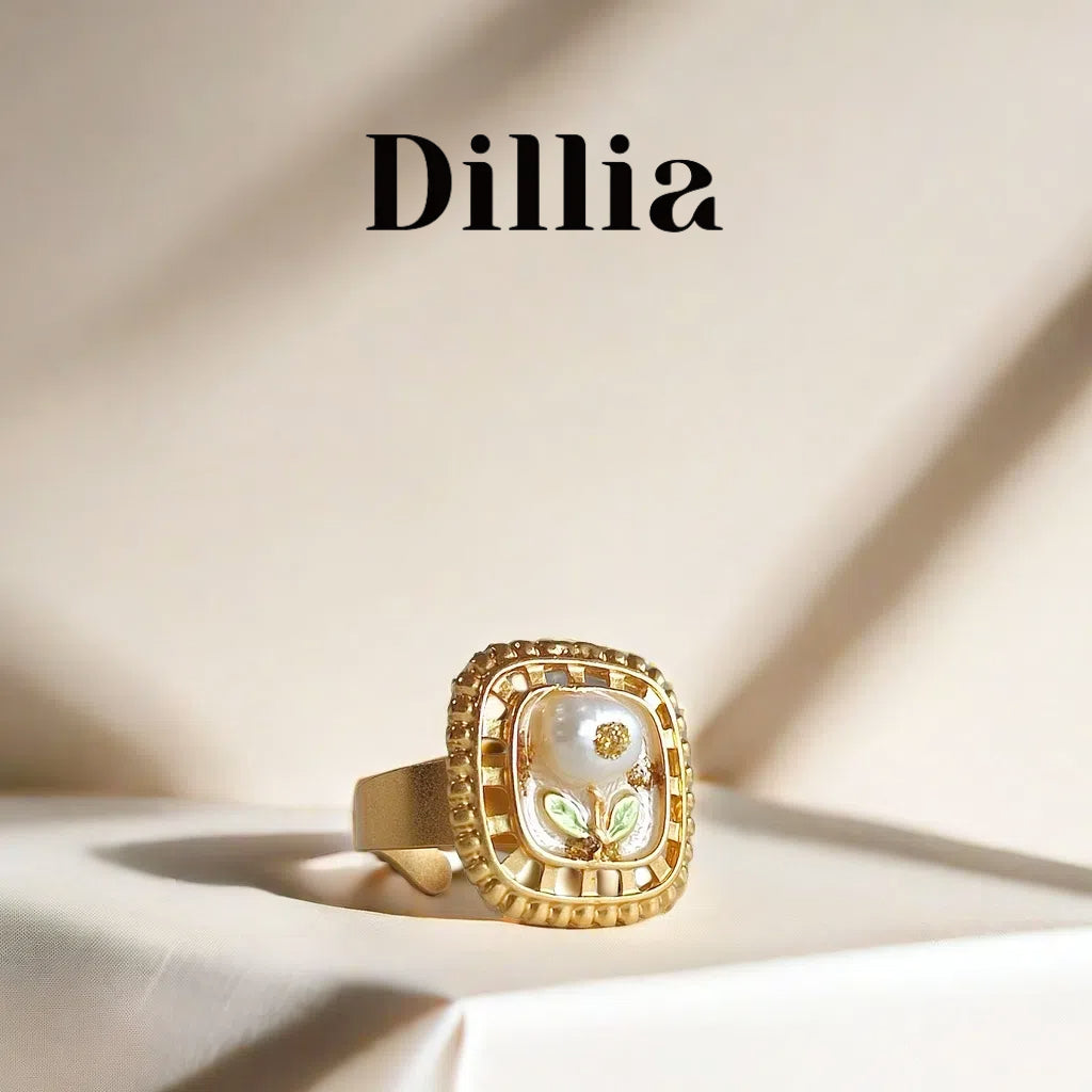 Elegant Enamel Pearl Openwork Floral Ring