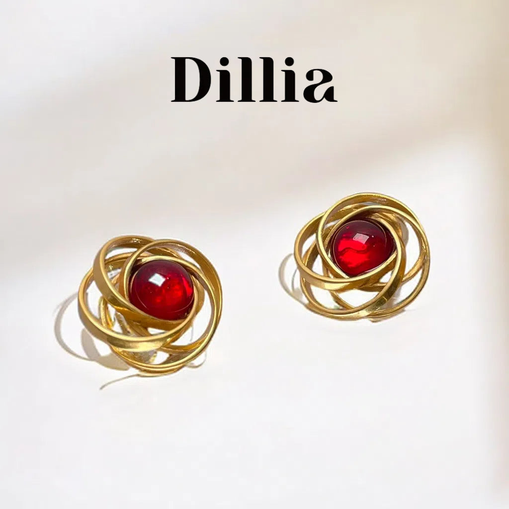 Nest-Shaped Red Glass Copper Alloy Vintage Earrings