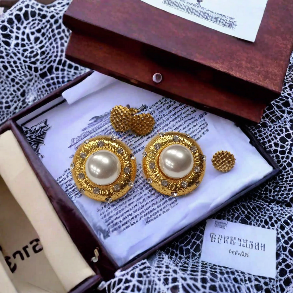 French Medieval Pearl Rhinestones Stud Earrings