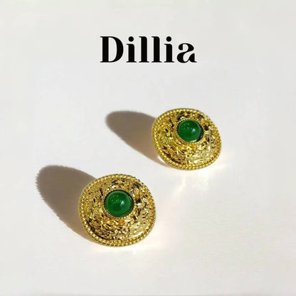 Vintage Green Glaze Stone Gold-Plated Stud Earrings