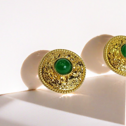 Vintage Green Glaze Stone Gold-Plated Stud Earrings