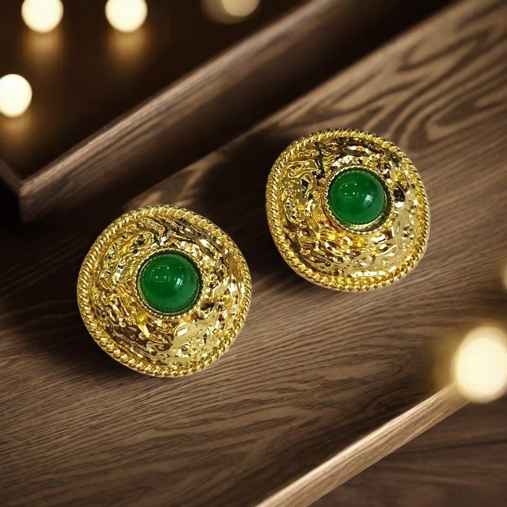 Vintage Green Glaze Stone Gold-Plated Stud Earrings