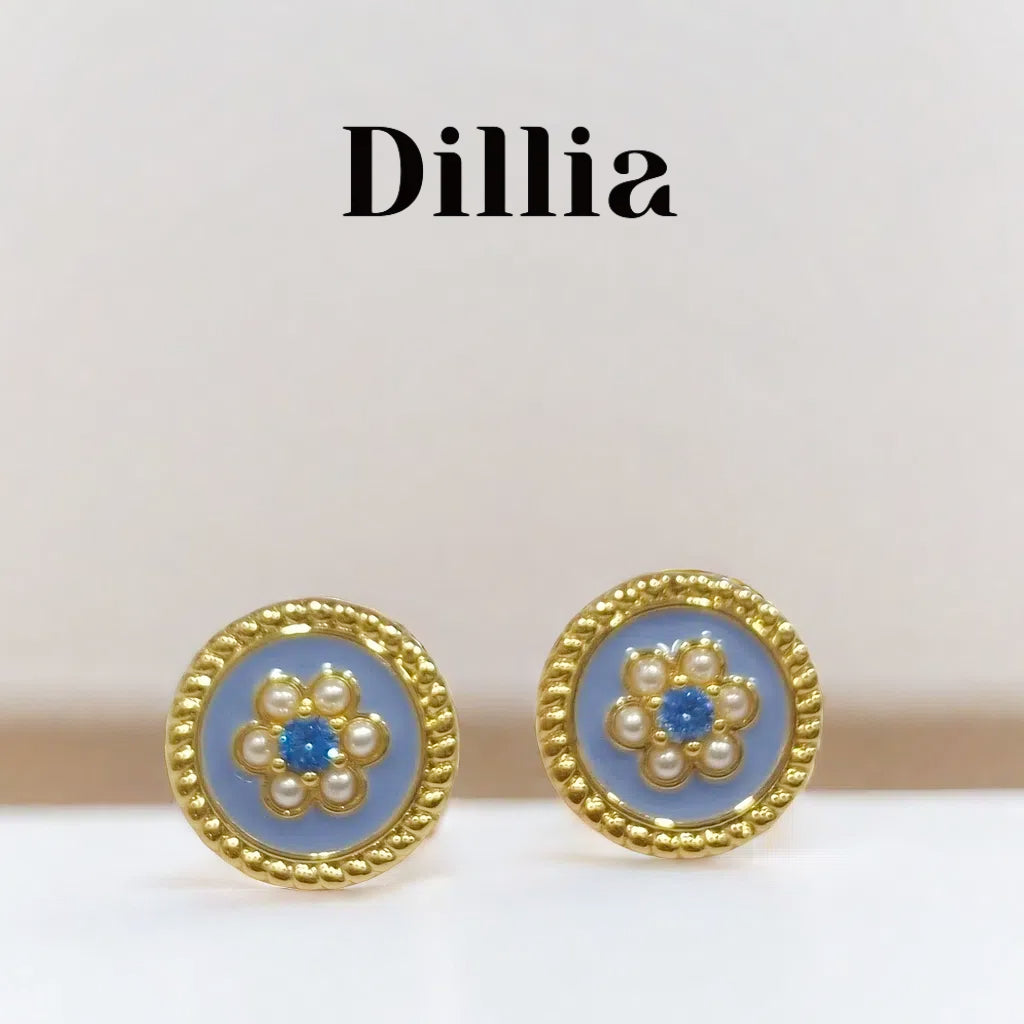 Blue Enamel Floral Stud Earrings