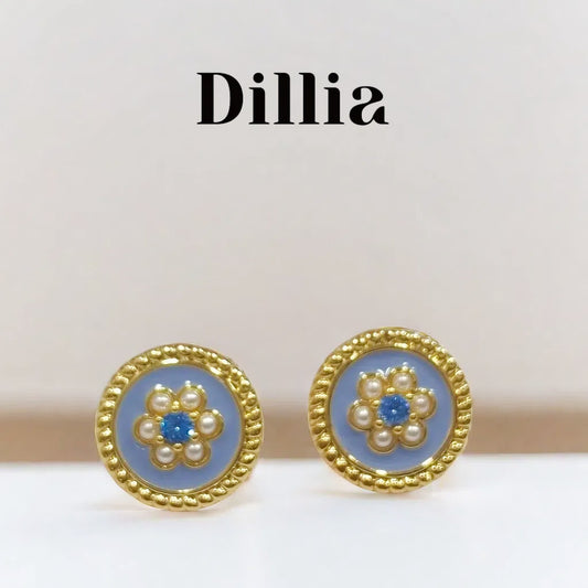Blue Enamel Floral Stud Earrings