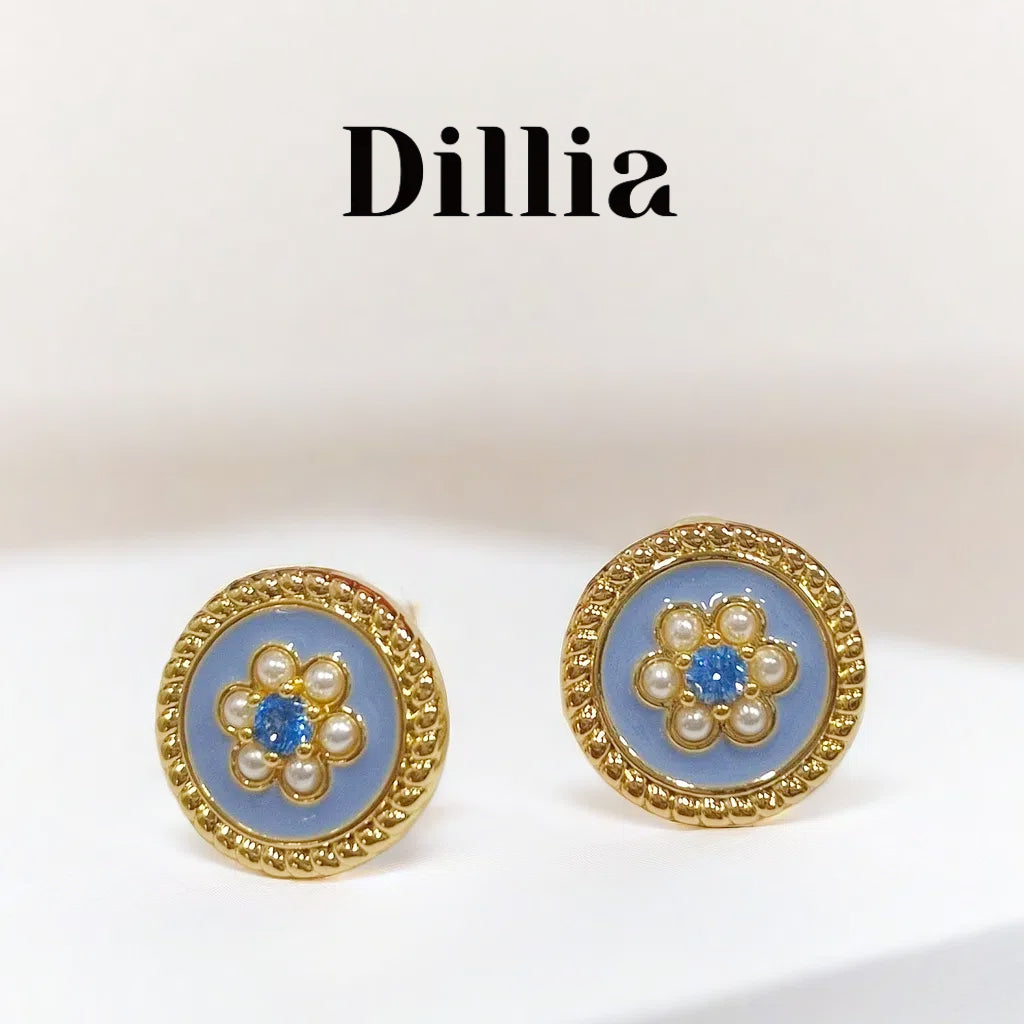 Blue Enamel Floral Stud Earrings