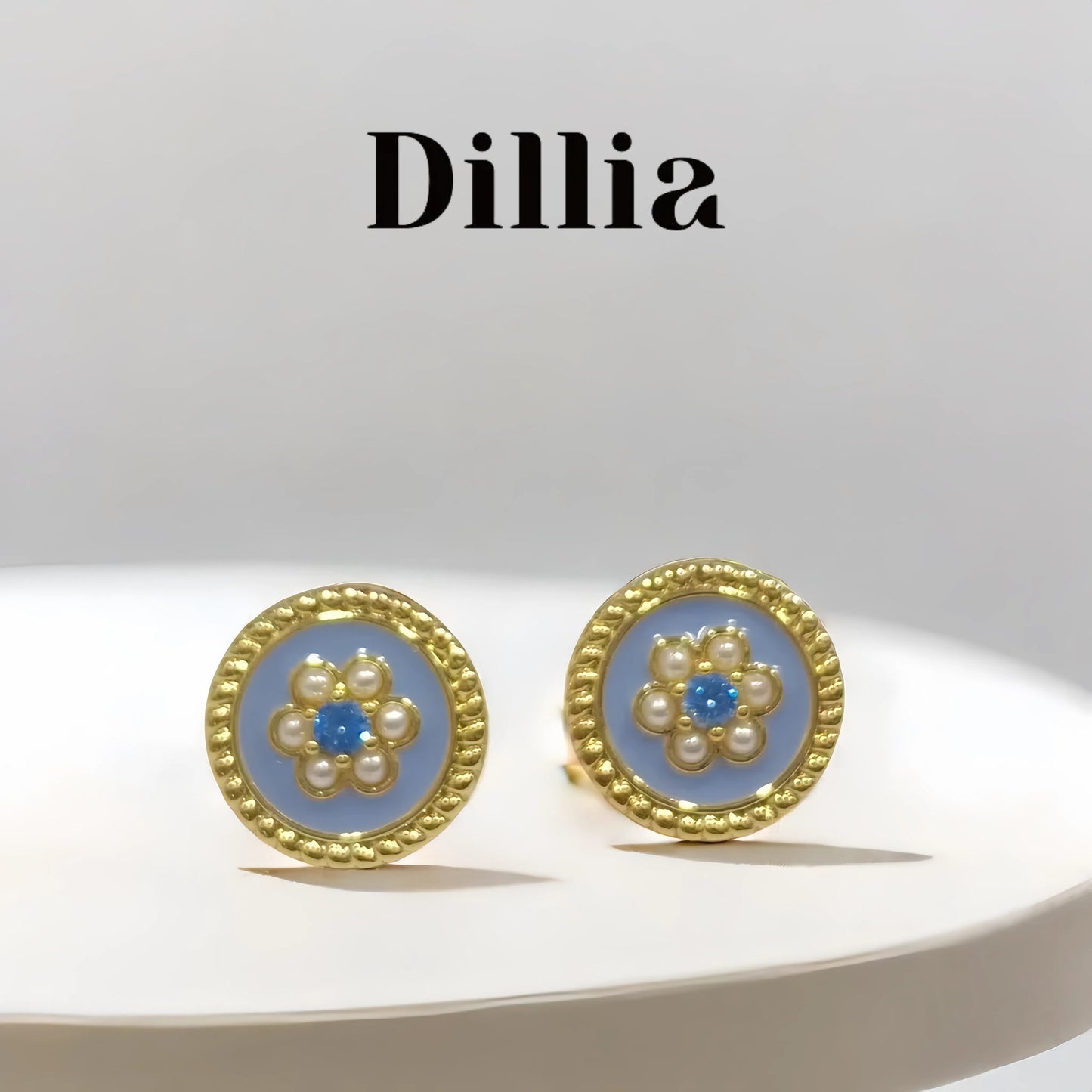 Blue Enamel Floral Stud Earrings