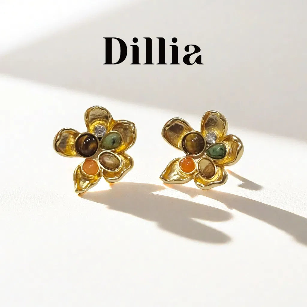 Multicolor Tiger Eye Zircon Floral Gold Plated Stud Earrings
