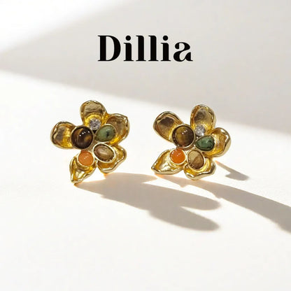 Multicolor Tiger Eye Zircon Floral Gold Plated Stud Earrings