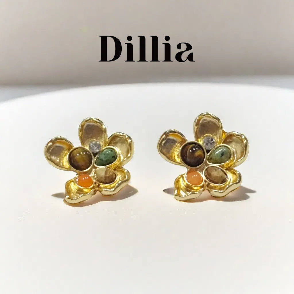 Multicolor Tiger Eye Zircon Floral Gold Plated Stud Earrings