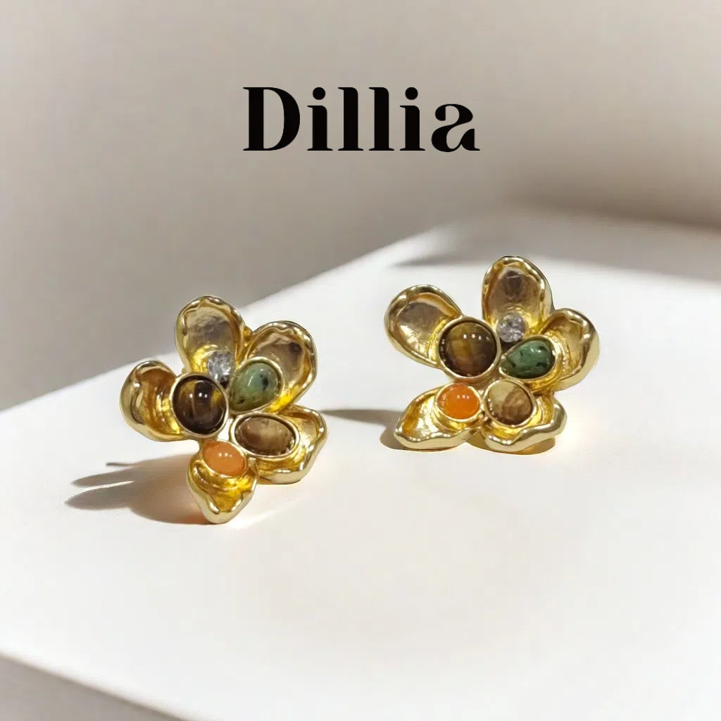 Multicolor Tiger Eye Zircon Floral Gold Plated Stud Earrings