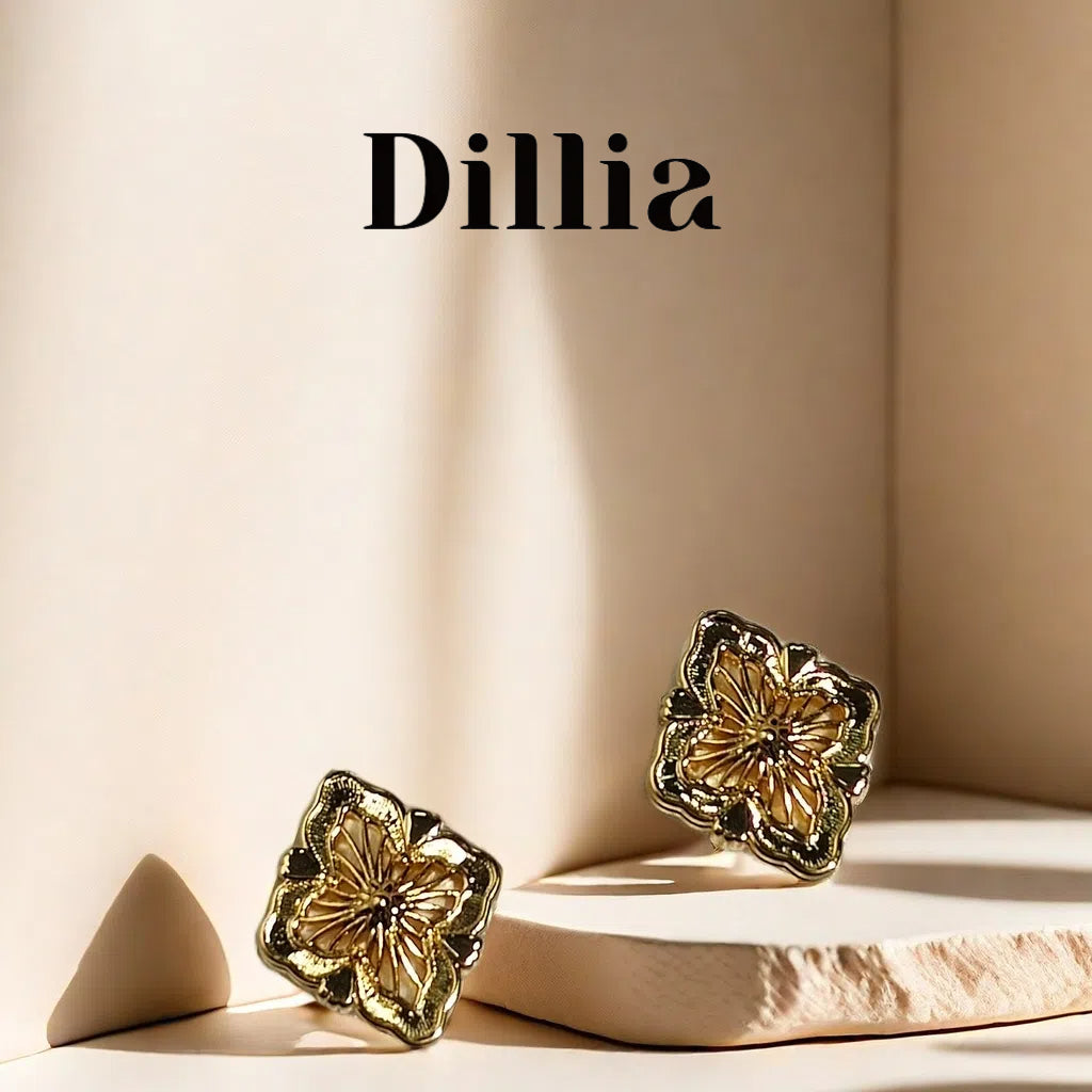 Diamond-Shaped Floral Gold-Plated Stud Earrings