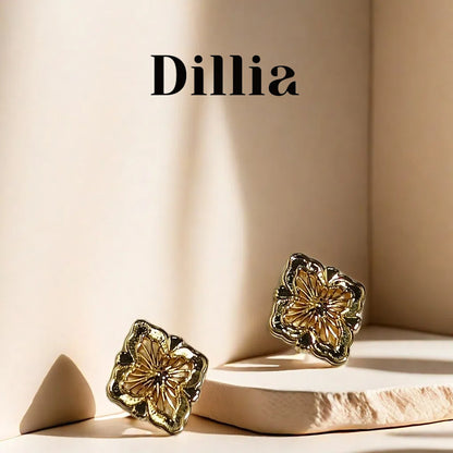 Diamond-Shaped Floral Gold-Plated Stud Earrings