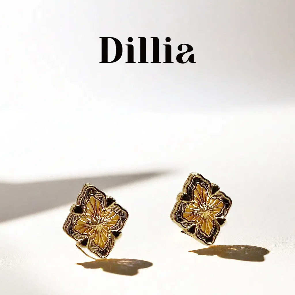 Diamond-Shaped Floral Gold-Plated Stud Earrings