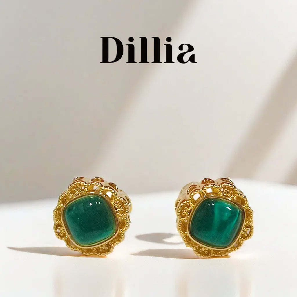 Vintage Green Glaze Stone Gold-Plated Stud Earrings