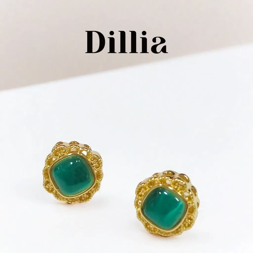 Vintage Green Glaze Stone Gold-Plated Stud Earrings