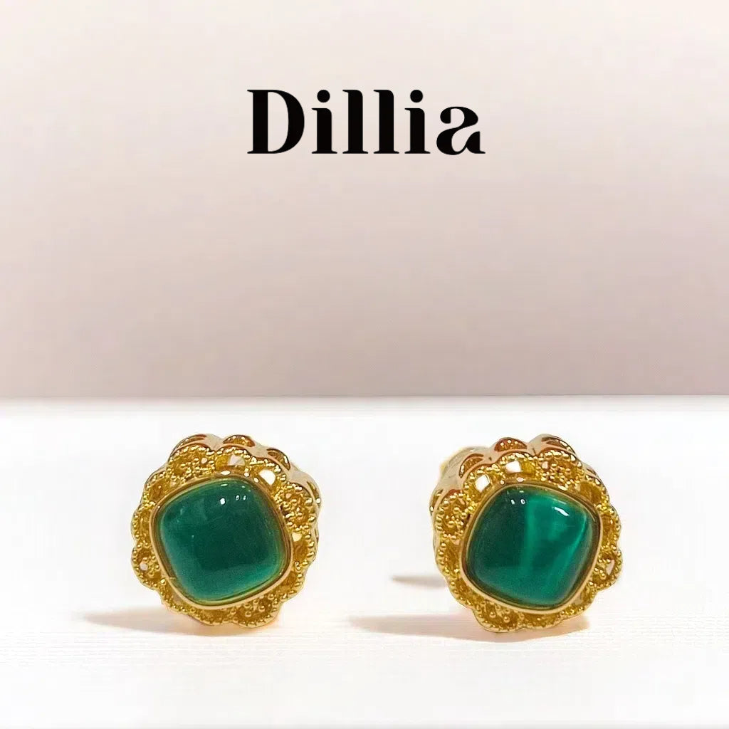 Vintage Green Glaze Stone Gold-Plated Stud Earrings