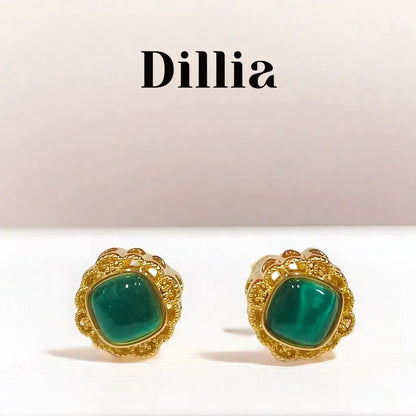 Vintage Green Glaze Stone Gold-Plated Stud Earrings