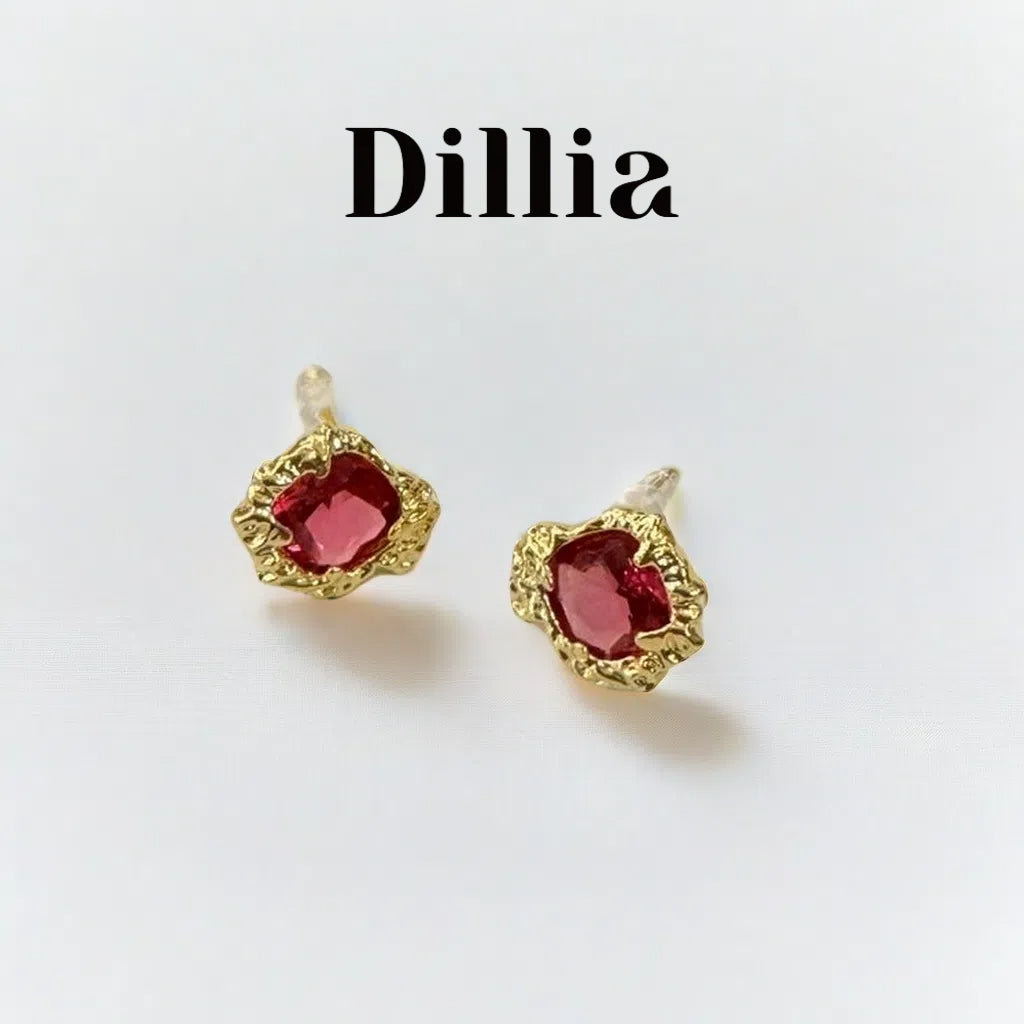 Intricate Gold-Plated Red Glaze Stone Stud Earrings