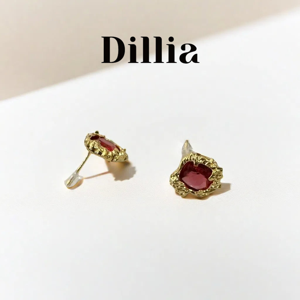 Intricate Gold-Plated Red Glaze Stone Stud Earrings