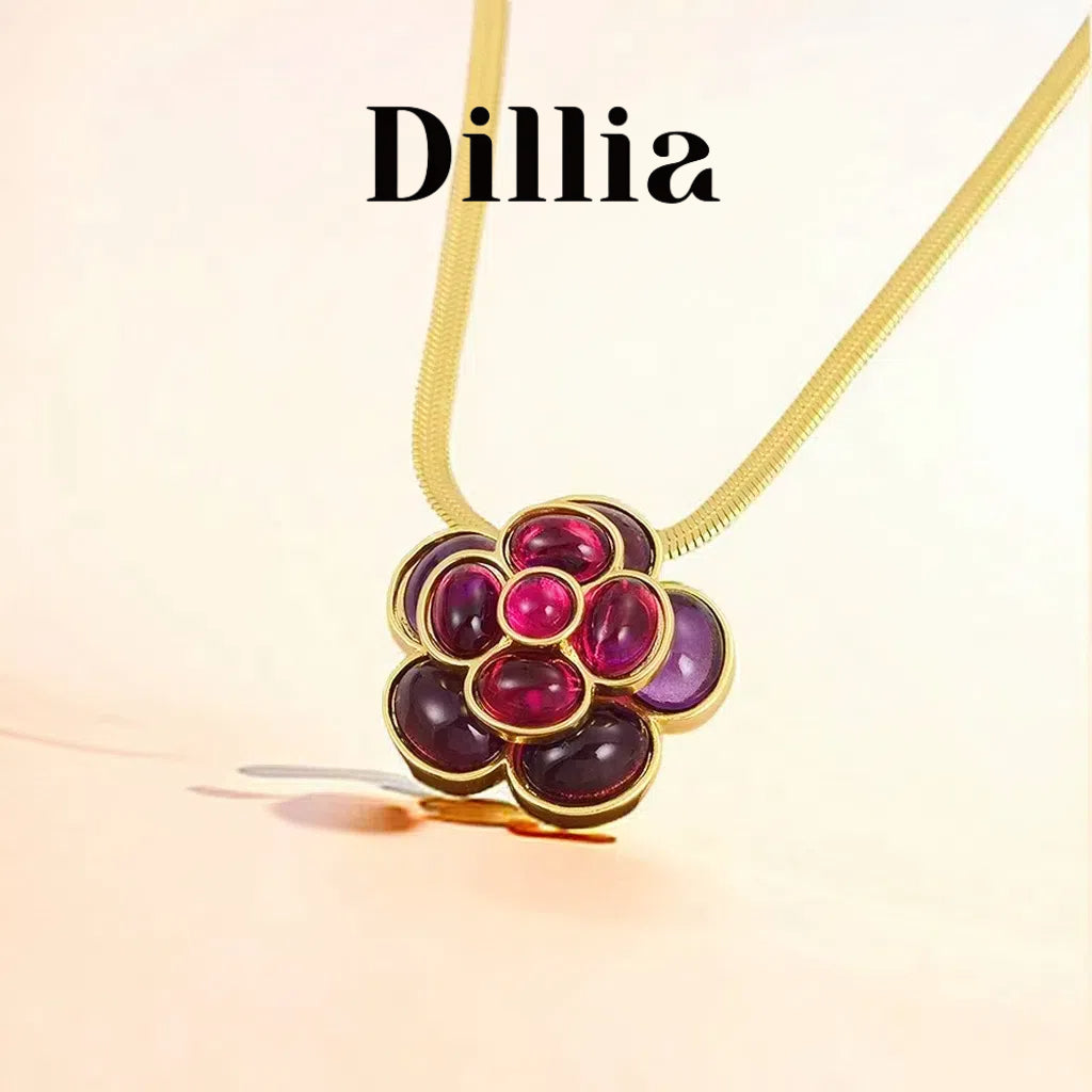 【Best Seller】Plum-Colored Flower Ear Clip And Necklace Vintage Jewelry Set