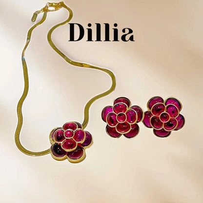 【Best Seller】Plum-Colored Flower Ear Clip And Necklace Vintage Jewelry Set