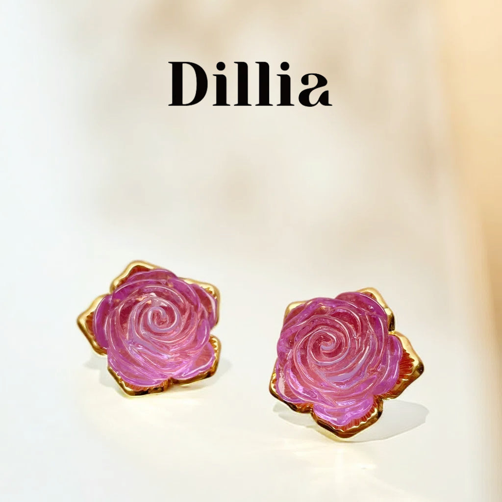 Pink Rose Flower Brass Alloy Earrings