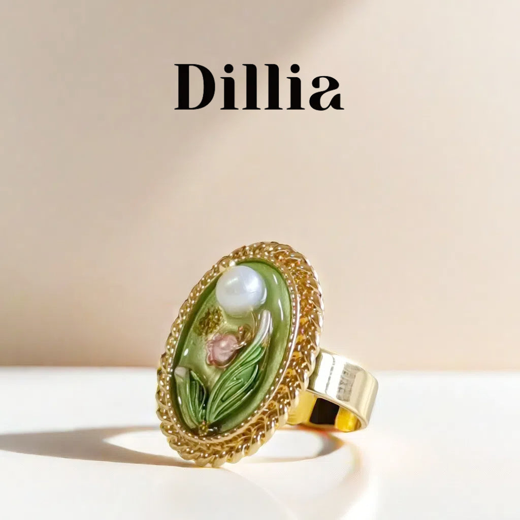 Enamel Grass Green Flower Copper Alloy Open Ring