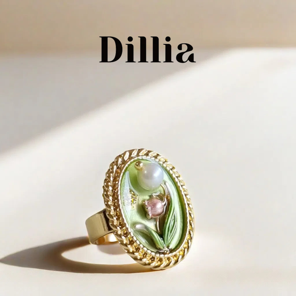 Enamel Grass Green Flower Copper Alloy Open Ring