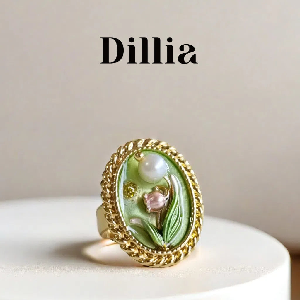 Enamel Grass Green Flower Copper Alloy Open Ring
