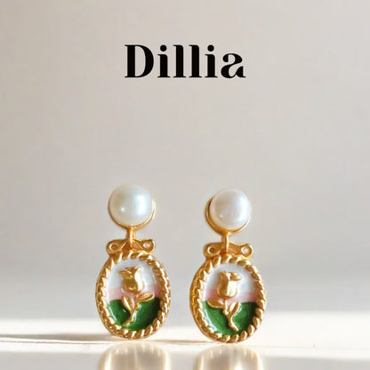Enamel Gold Rose Garden Pendant Copper Alloy Stud Earrings